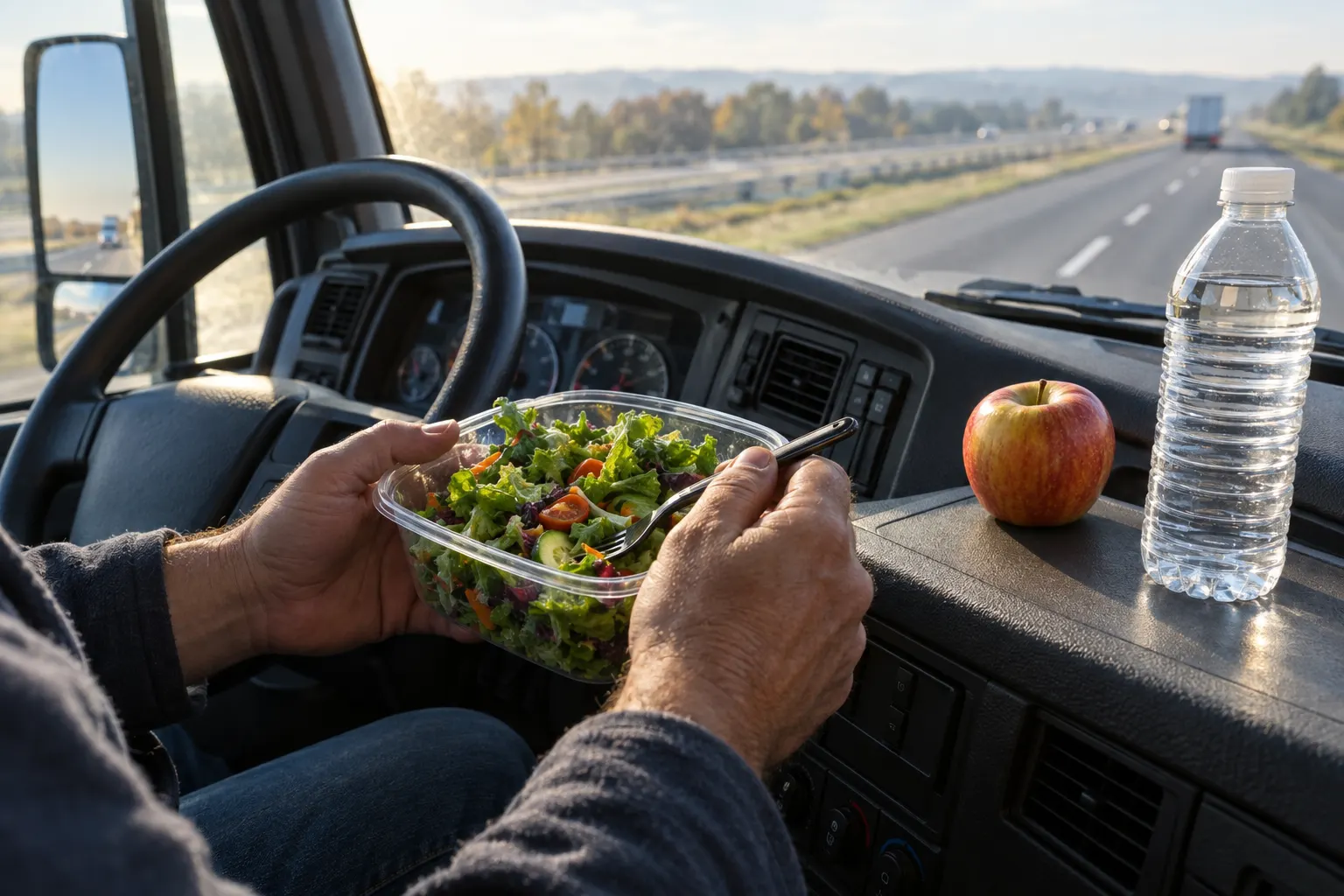 Salad, apple and water on a truck dashboard
